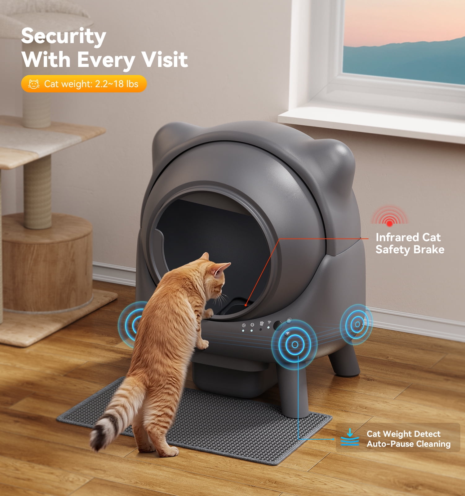 FeelNeedy Self Cleaning Cat Litter Box, 65L Large Automatic Litter Box with App Control Monitoring, Dual Safety Sensor, Odor Control, Includes Litter Mat and Waste Bags, Gray