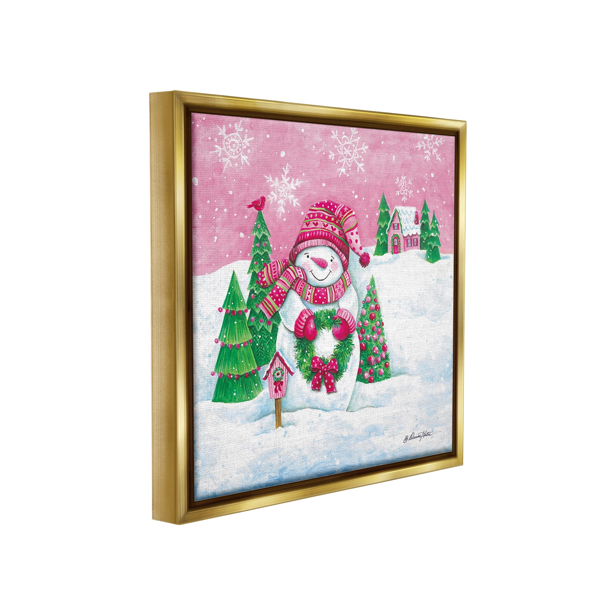 Stupell Industries Scenic Winter Snowman Holiday Painting Gold Floater Framed Canvas Art Print Wall Art, 25 x 25