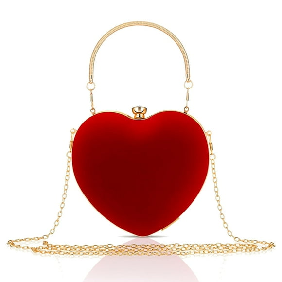 Velour Heart Shaped Purse Clutch Evening Bag Rhinestone Shoulder Handbag for Valentines Party Prom,1 x Heart Shaped Purse,Red&Gold