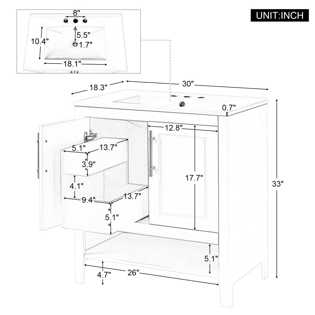 30" Modern Bathroom Vanity with Sink Top,Multi-Functional Wood Bathroom Storage Cabinet with Doors and Drawers,Wood Frame and MDF Board, Large Storage Space,White