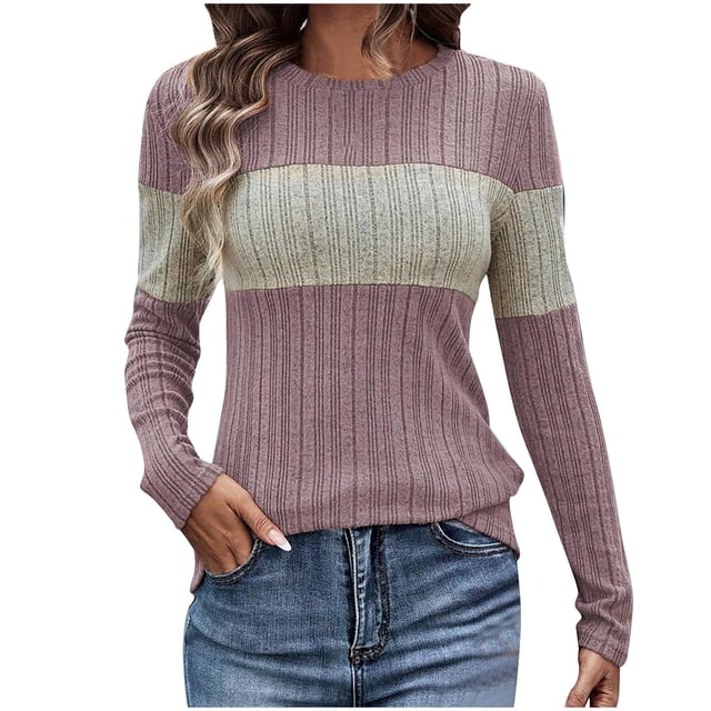 Timegard Going out Tops for Women Crewneck Long Sleeve Block Color Slim Tshirts Fall Casual Comfy Tops