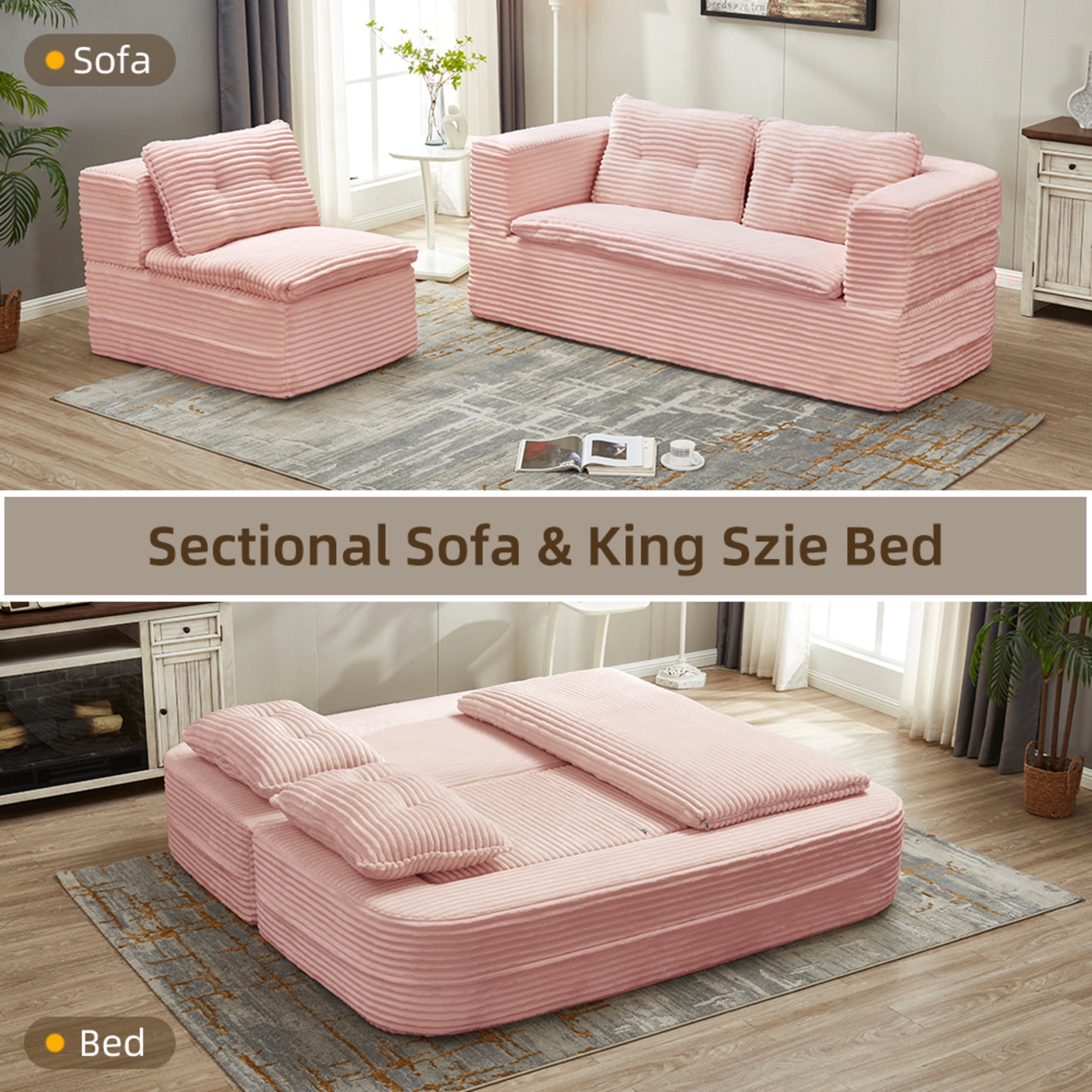 Noble House 80" Convertible Sectional Sofa Bed, Plush Corduroy King Size Sleeper with Chaise, Living Room, Baby Pink