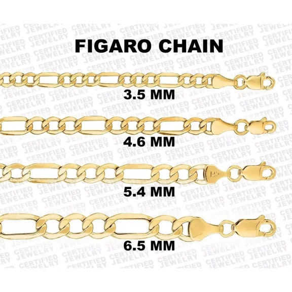 14K Yellow Gold Figaro Chain, 18" 20" 24" Inch, 3.5MM To 6.5MM Wide