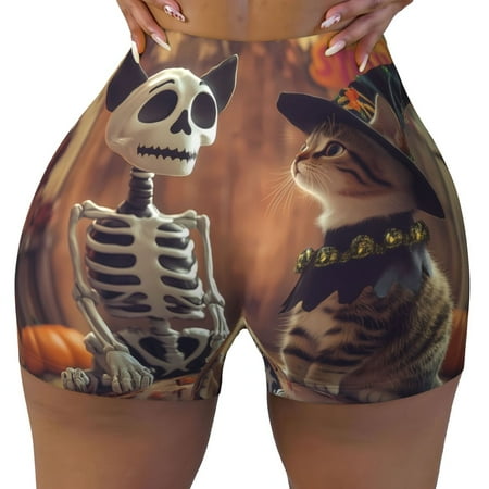 Workout Shorts Women  Halloween Cat and Dog Skull Biker Shorts for Women Running Gym Spandex Shorts Tummy Control