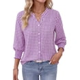 thumbnail image 3 of Fantaslook Plaid Womens Button Down Shirts 3/4 Sleeve V neck Tops with Smocked Cuffs Dressy Cotton Blouses, 3 of 10