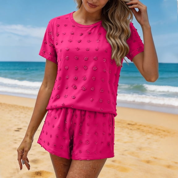 Uootdi Short Sets for Women Summer Short Sleeve Textured Floral Round Neck Top Elastic Waist Casual Shorts Comfy Daily Matching Outfits