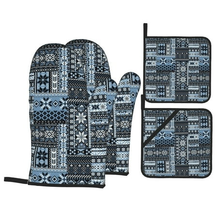 

Oven Mitts and Pot Holders 4 pcs Set Snowflake Vintage Pattern Heat Resistant Pot Holders Oven Mitts for kitchen Non-Slip Hanging Loop Oven Glove Potholders for Baking Cooking