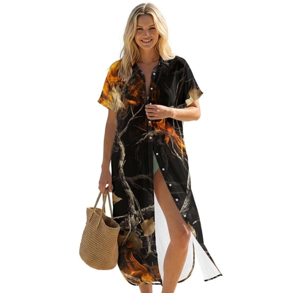 FUIALDOLG Tree Camo Print Womens Swimsuit Coverup Shirt Dress Button Down Bathing Suit Cover Up Short Sleeve Beach Vacation Swimwear Cover Ups