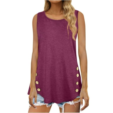 

kakina CMSX Womens Tops Quarter Zip Tank Tops Summer Casual Button Sleeveless Tops Tee Shirts Prints Tops Loose T-Shirts Hot Pink L