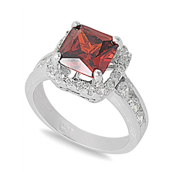 Embraced Pronged Square Simulated Garnet Cubic Zirconia Ring Sterling Silver 925
