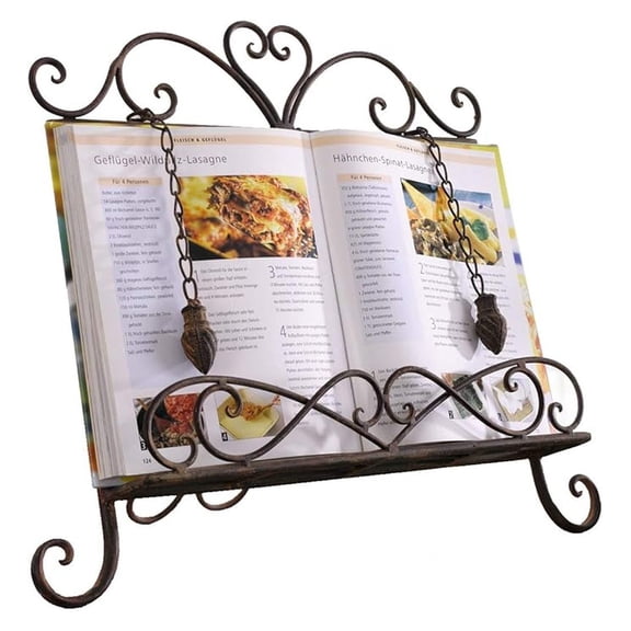 Antique Metal Kitchen Cookbook Display Stand, Recipe Book and iPad Holder, Cookery Book with Weighted Chains for Gift, Rustic Dark Brown