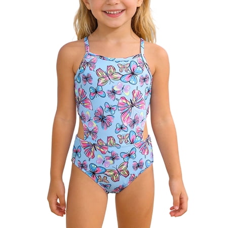 Rhuody Swimsuit For Girl 10-11 Years Sleeveless One Piece Summer Toddler Prints 1 Piece Beach Swimwear Bikini Comfortable Ruched Suit Blue