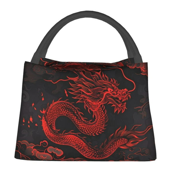 Fotbe Red Dragon On Black Bolsa Térmica Portátil con Estampado, Bolsa de Entrega de Alimentos Aislada, Bolsa Reutilizable de Gran Capacidad para Comidas y Supermercado
