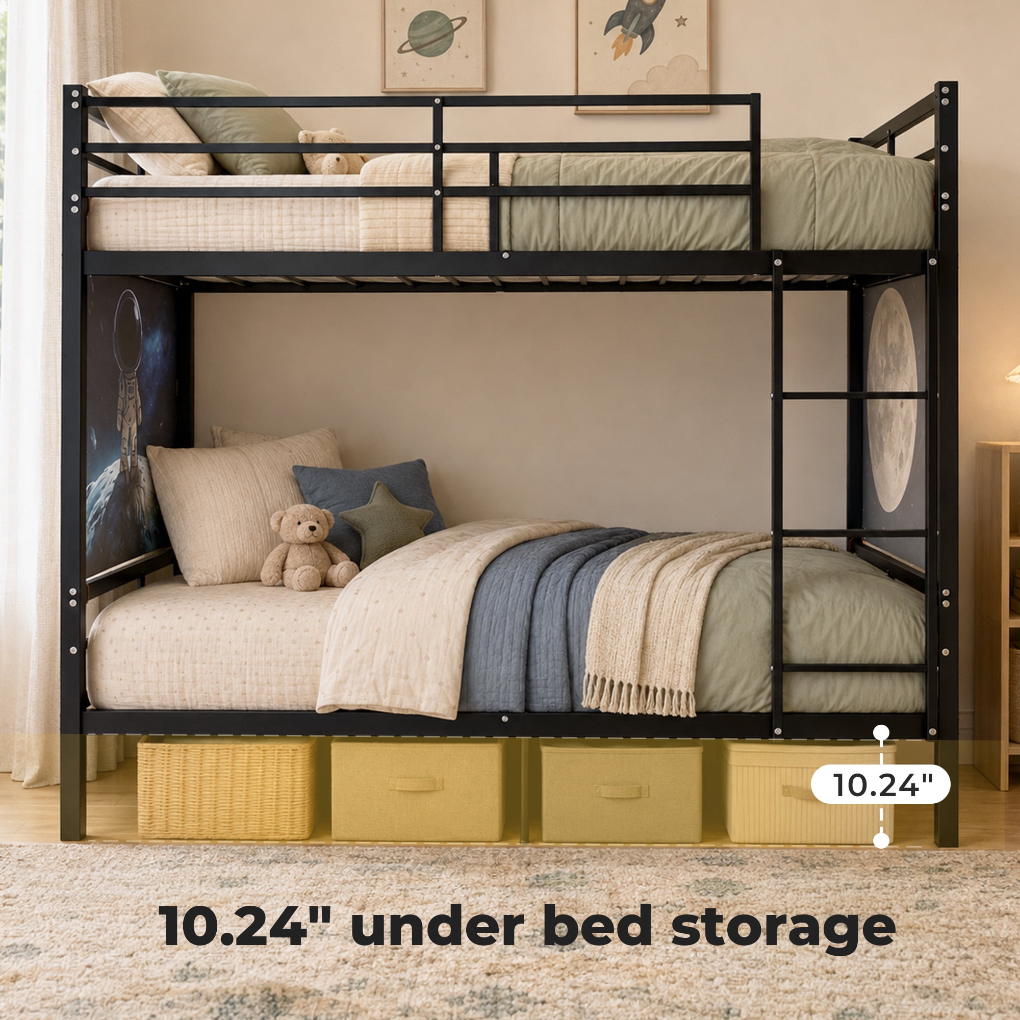 Alvantor Bunk Bed Twin over Twin, Metal Bunk Bed for Kids with Ladder and Wall Painting Black