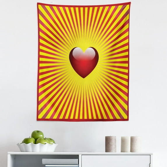 Heart Tapestry, Love with Striped Sunburst Background for Romantic Valentine's Day, Fabric Wall Hanging Decor for Bedroom Living Room Dorm, 5 Sizes, Vermilion and Yellow, by Ambesonne