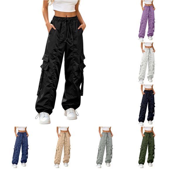CONZONE Womens Cargo Pants Wide Leg Elastic Waist Drawstring Jogger Pants With Pockets Summer Fall Baggy Trousers For Women