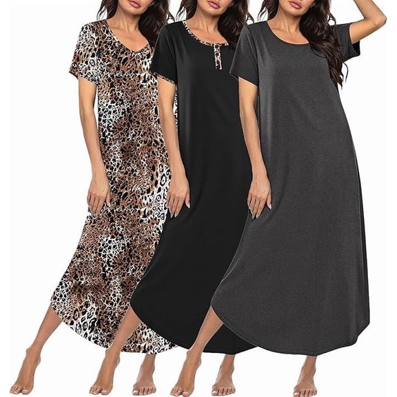 Ekouaer 3 Pack Long Nightgowns for Women Plus Size Moo Moos Short Sleeve House Dress Button Night Gown Soft Sleepwear