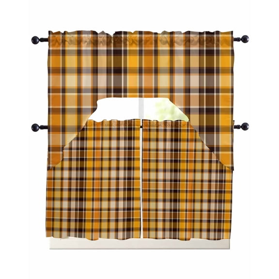 Yellow Black Plaid Swag Kitchen Curtains Sets for Windows 24 Inch Length, Fall Country Farmhouse Buffalo Check Short Window Curtain Panels Swags Valances and Tiers 3 Piece Set for Cafe/Dining Room