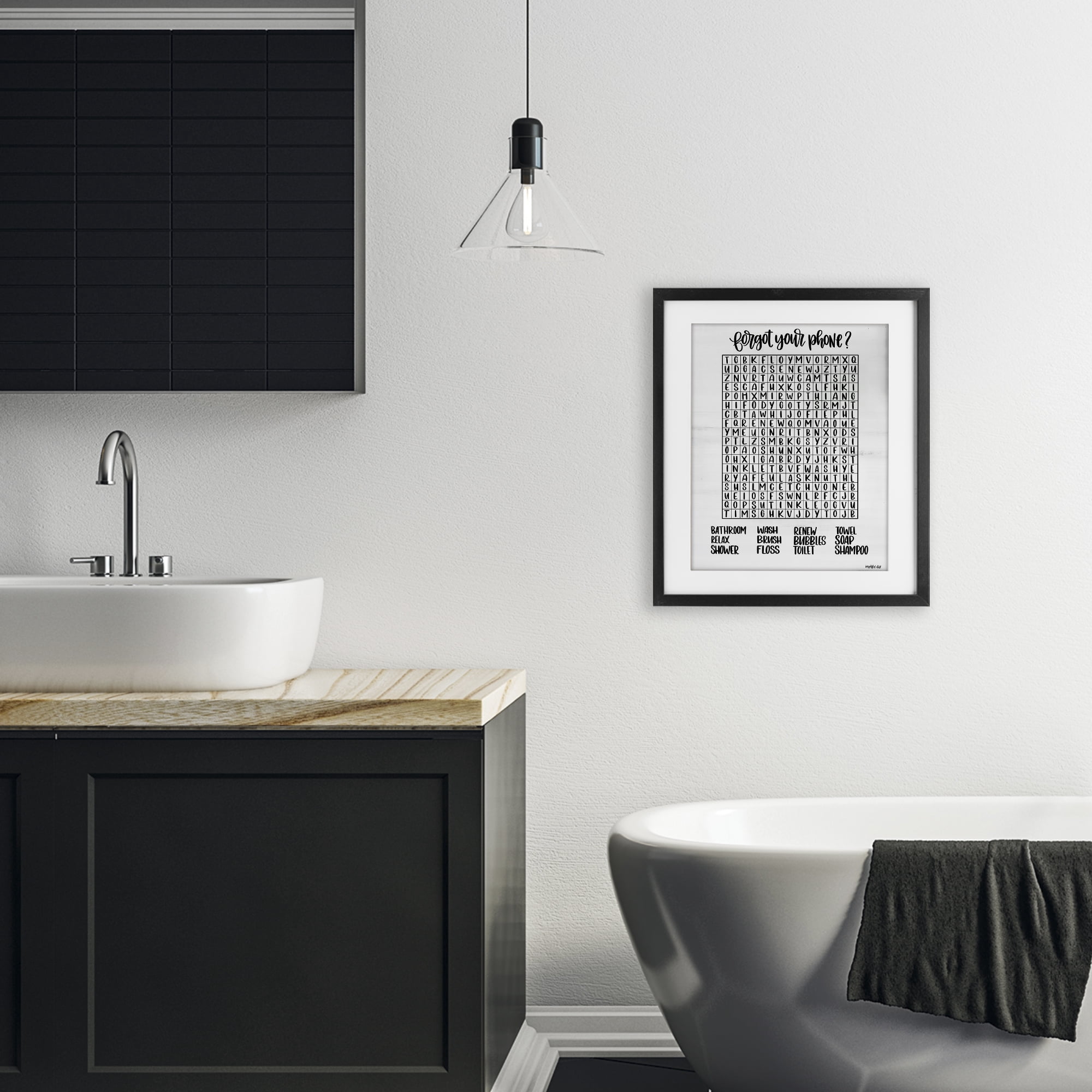 Stupell Industries Forgot Phone Bathroom Wordsearch Black Framed Print Under Glass, design by Imperfect Dust
