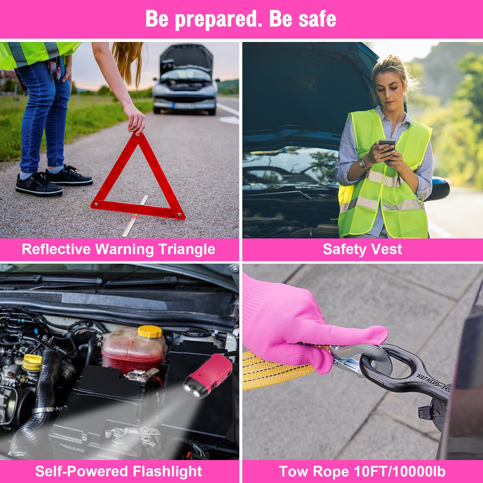 Vioview Roadside Emergency Car Safety Kit, with 4-in-1 Inflatable Car Vacuum Cleaner, Pink Jumper Cables, First Aid Kit, Tow Rope. Vehicle Must Haves Emergency Kit Accessories for Women