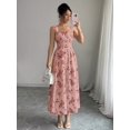 thumbnail image 5 of Bubblegum Pink Floral Print Waist-Gathering Pleated A-Line Maxi Dress For Women, 5 of 6