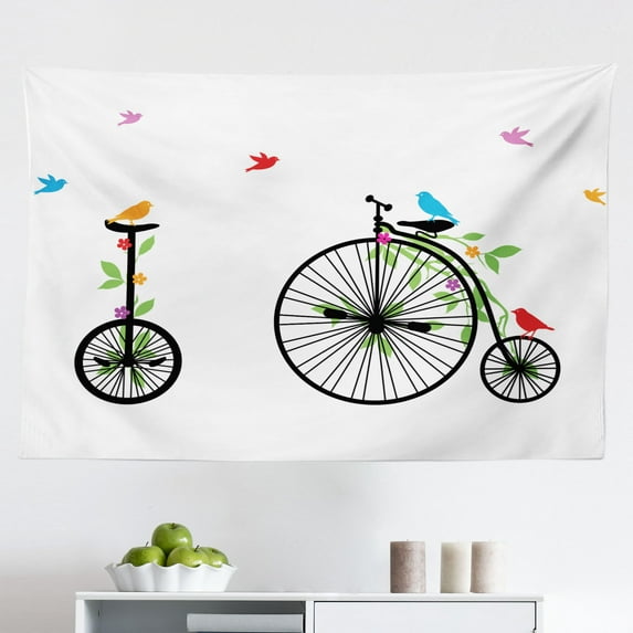 Bicycle Tapestry, Vintage Summer Bike a Floral Bouquet Vehicle for Transport Illustration, Fabric Wall Hanging Decor for Bedroom Living Room Dorm, 2 Sizes, Turquoise Yellow, by Ambesonne