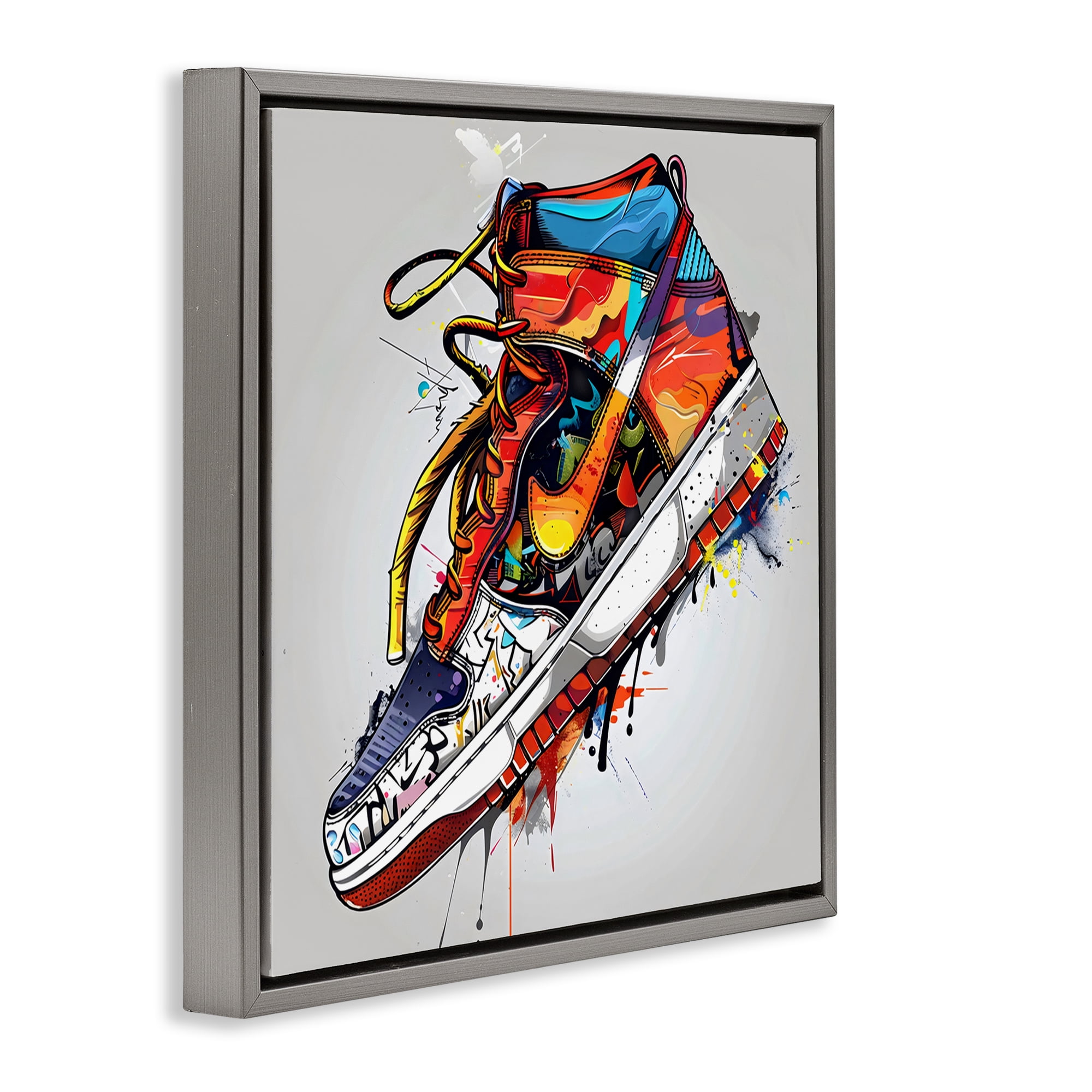 Stupell Industries Graffiti Sneaker with Laces Gray Framed Floater Canvas Wall Art, design by Creative Studio