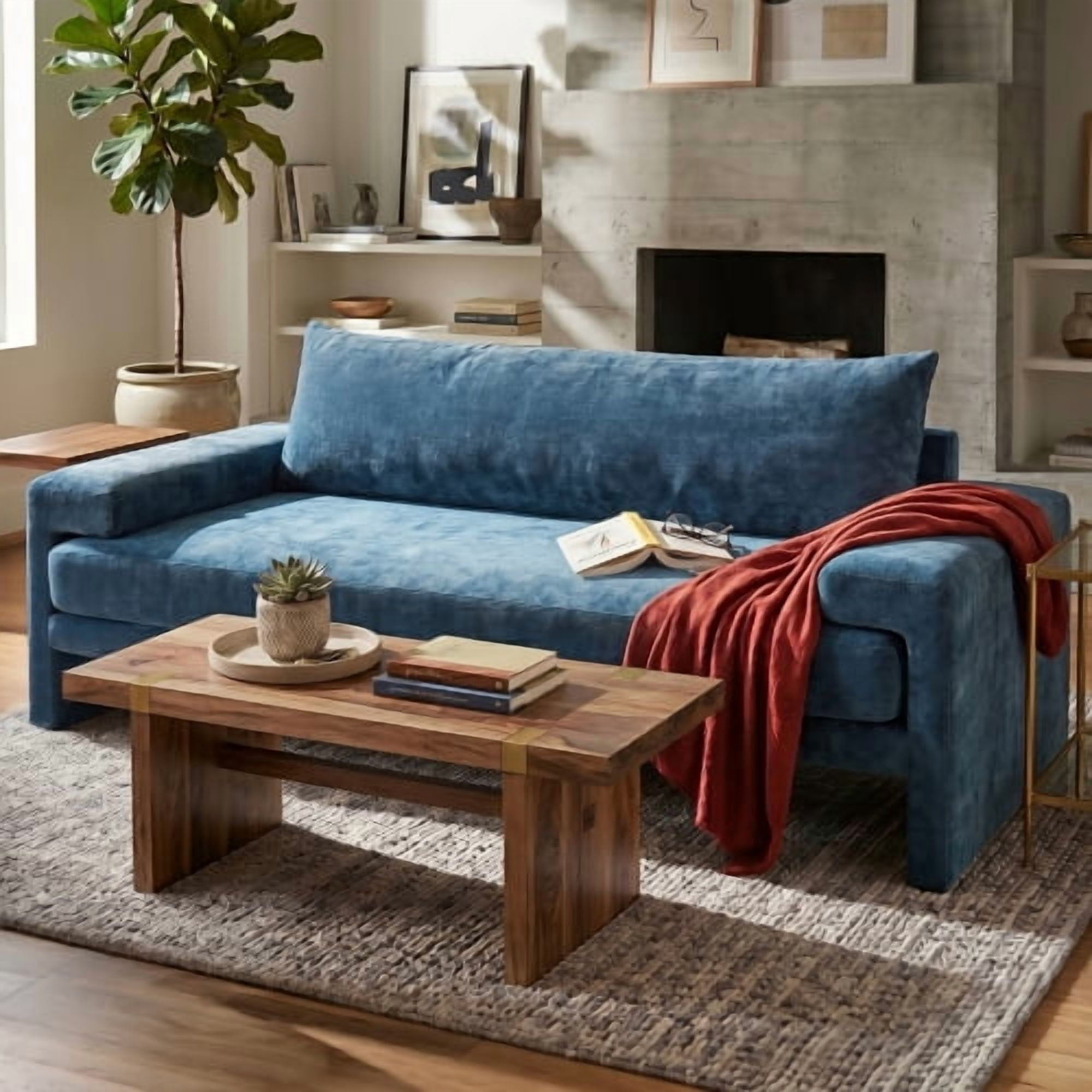Chenille Upholstered 3-Seater Sofa with Wide Armrests and Thick Cushion Oversized Couch with Ergonomic Back Support for Living Room Blue