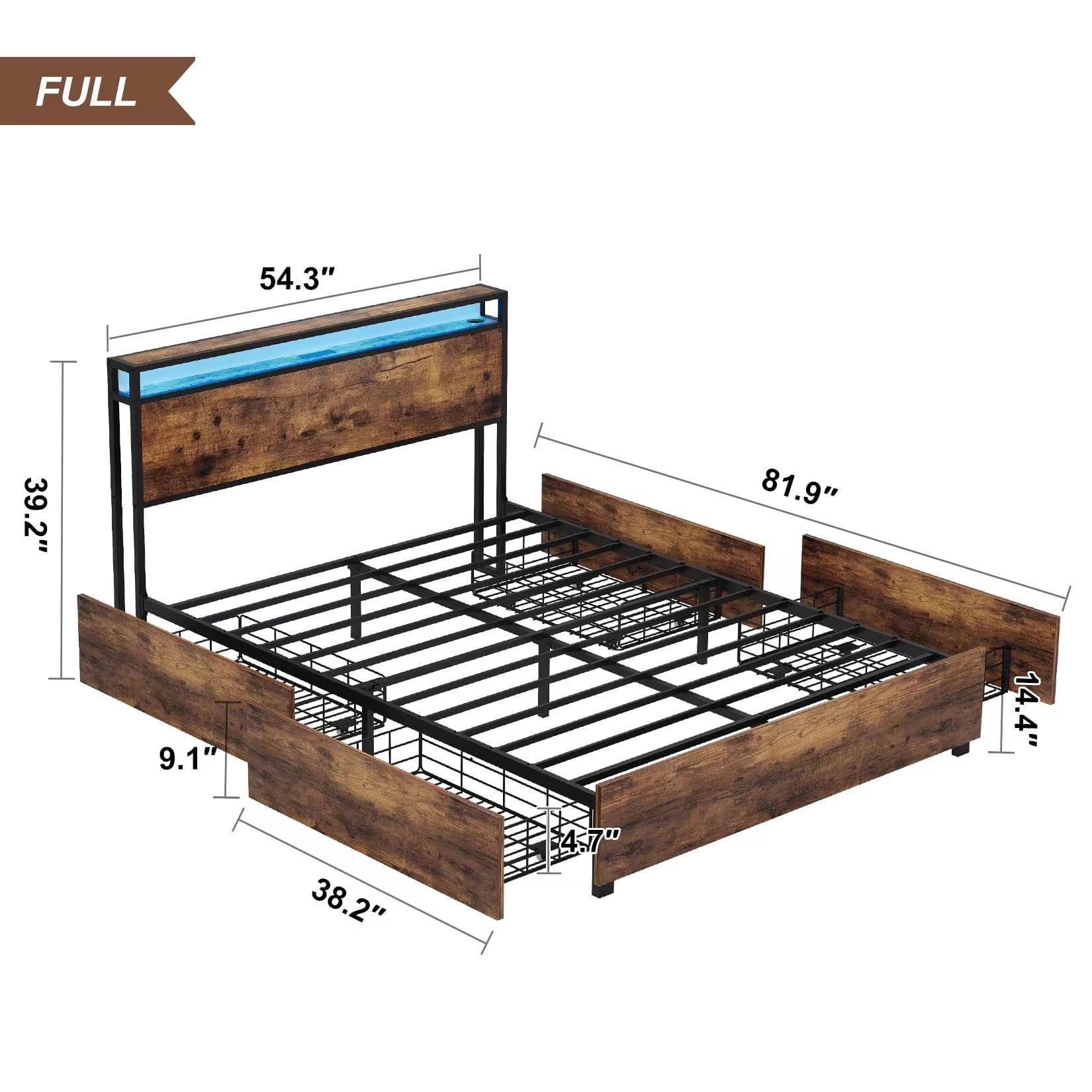 Yoneston LED Light Full Metal Platform Bed Frame with 2-Tier Storage USB Charging Station Headboard and 4 Large Side Drawers for Kids Teens Adults, Brown