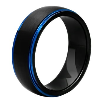 Brilliance Fine Jewelry Men's Black & Blue Tungsten Satin Finish Step Edge 8MM Wedding Band - Men's Ring