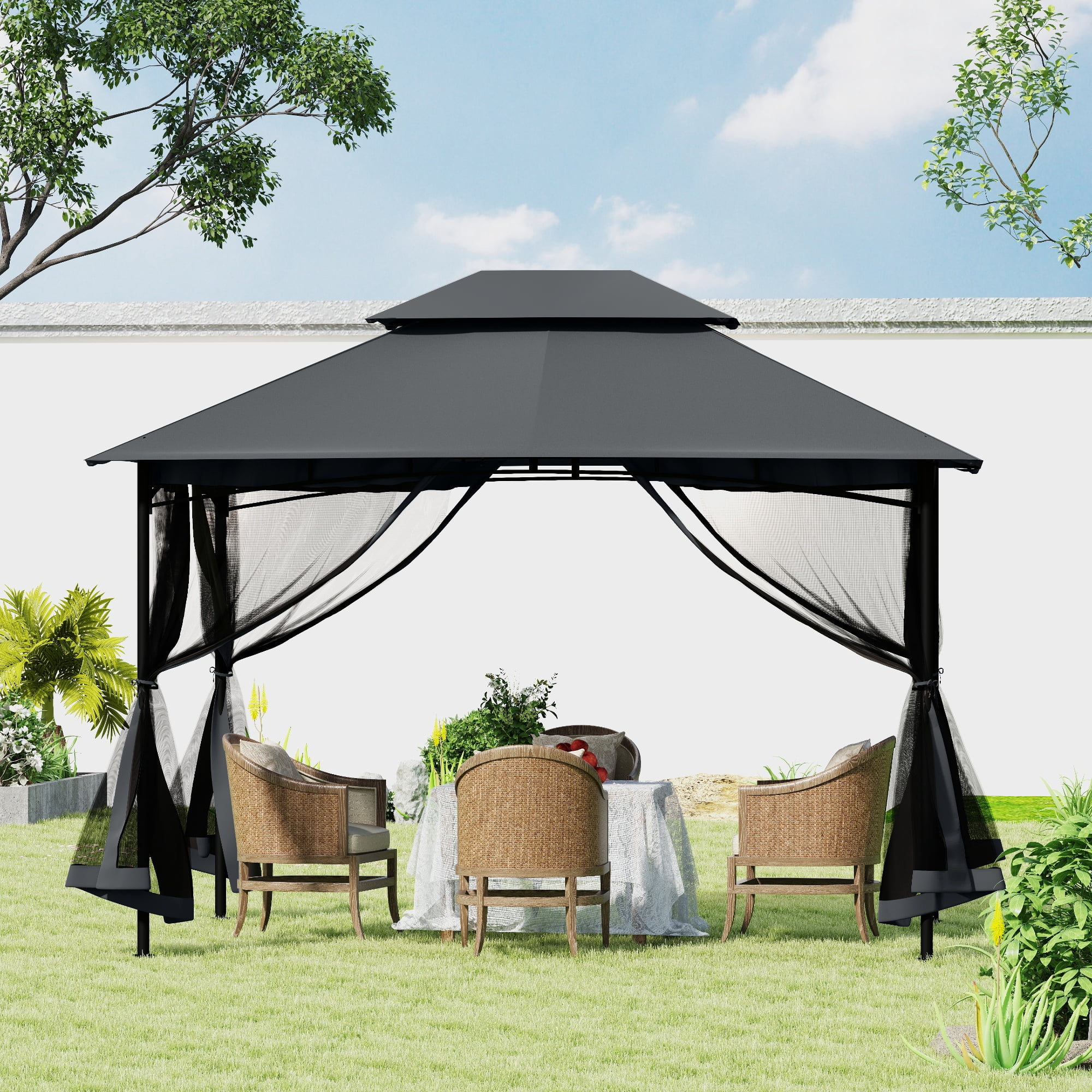 HAPPATIO Patio Gazebo 10' X 12', Ventilated Double Roof & Mosquito Netting, Outdoor Gazebo with Metal Frame, Soft Top Canopy for Backyard, Deck, Poolside
