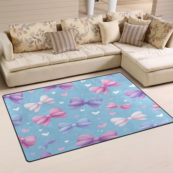 Non-Slip Area Rug 31"x20" Indoor Washable Floor Mats Carpet Printed for Living Room, Bedroom, Home Decor Pink and Purple Bows