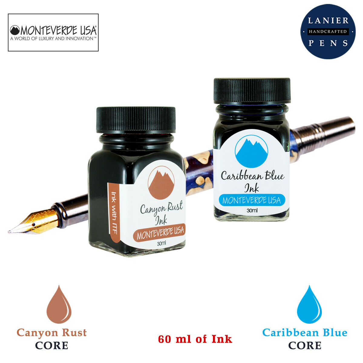 Monteverde 60ml Core Fountain Pen Ink Bottle (30ml Canyon Rust Ink Bottle G309CP, 30ml Caribbean Blue Ink Bottle G309CU)