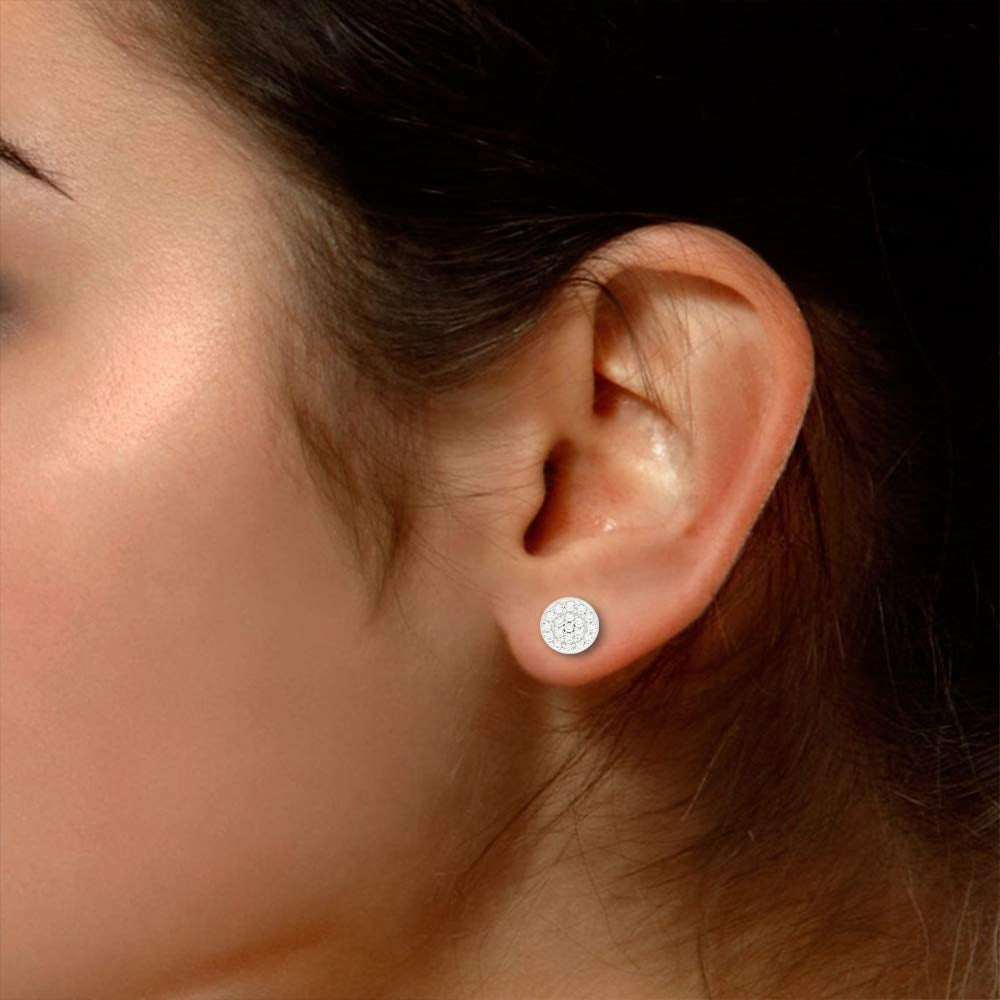 Round Sparkling White Cubic Zirconia Dainty Disc Stud Earrings 14k White Gold Plated 925 Sterling Silver with push-backs