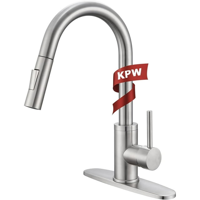 Biwat Robinet d'Évier de Cuisine avec Pulvérisateur, Nickel Brossé, Bec Rétractable, Robinet de Cuisine à Haut Arc, Poignée Simple, Acier Inoxydable, 1 Ou 3 Trous, Robinets d'Évier de Cuisine pour Ferme, Caravane, Buanderie, VR
