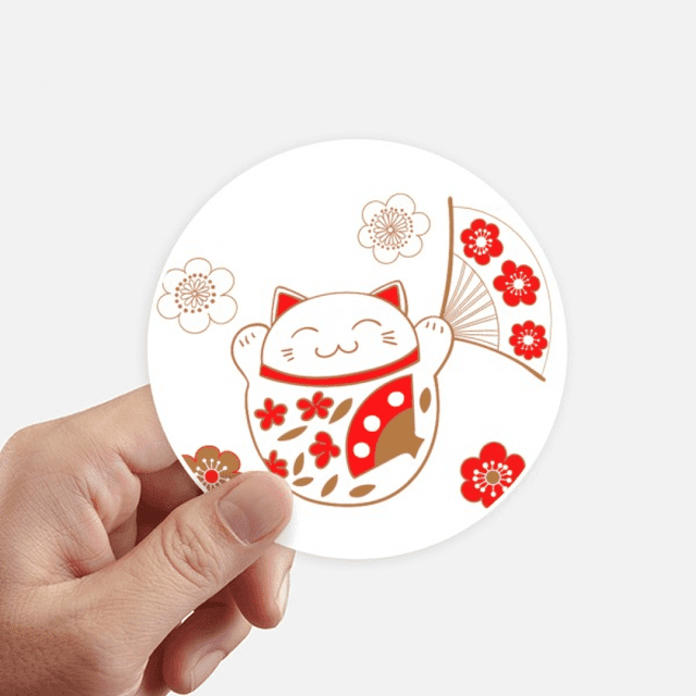 Lucky Fortune Cat Flower Fan Japan Sticker Round Wall Suitcase Laptop Label Bumper