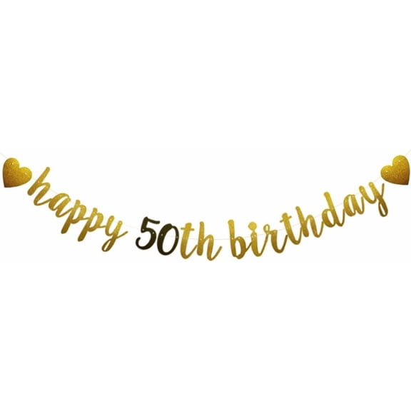 Happy 50th Birthday Banner, Pre-Strung,Gold and Black Glitter Paper Garlands Banner for 50th Birthday Party Decorations Supplies, Letters Gold and Black,