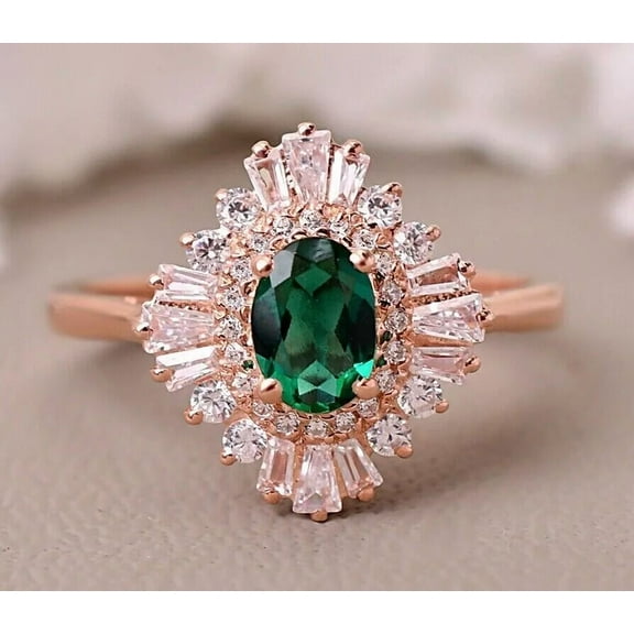 14K Rose Gold Plated Lab Created Oval Cut Emerald Bridal Wedding Birthstone Ring