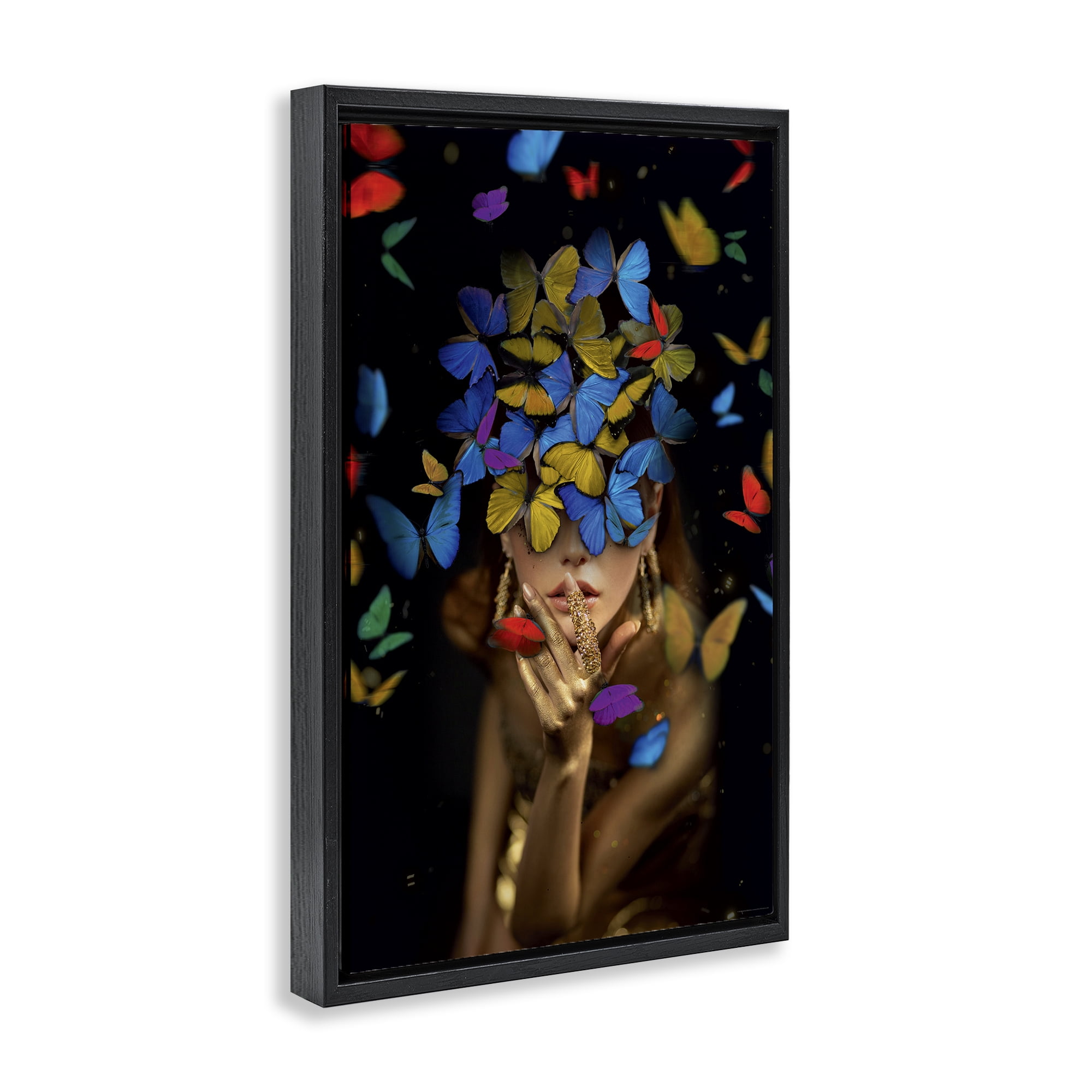 Stupell Industries Butterfly Swathed Woman Animals Painting Black Floater Framed Canvas Art Print Wall Art, 21 x 31