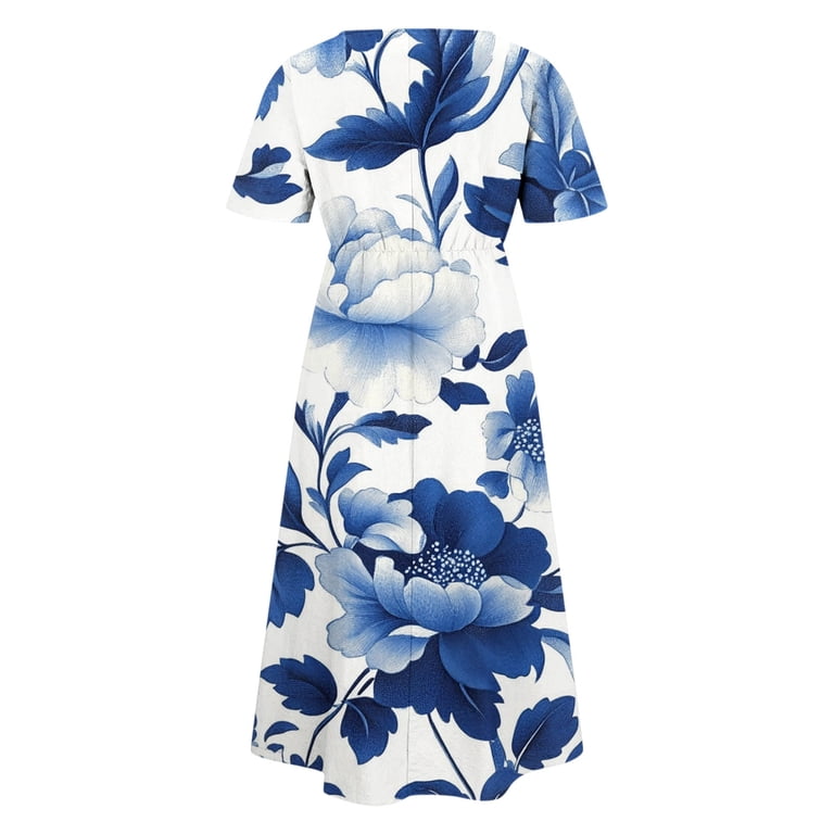 midi floral print dresses knee length Nuoqisi Women's Summer Casual Floral Print Short Sleeve Round Neck  Knee-Length Dress