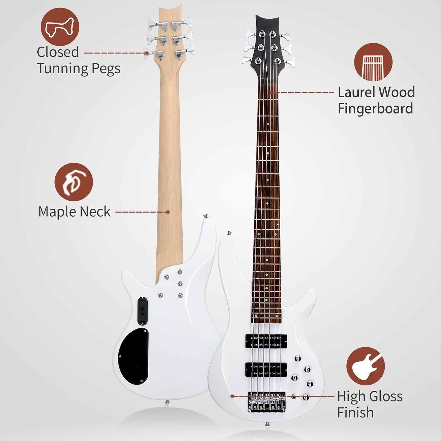 HarmonyStrings Bass Guitar 6 String Electric Bass Guitars, Beginner Bass Guitar with Professional H-H pickup, 3 Way Pickup Selector, Premium Cable, Unique Body Design for Beginner White Upgraded