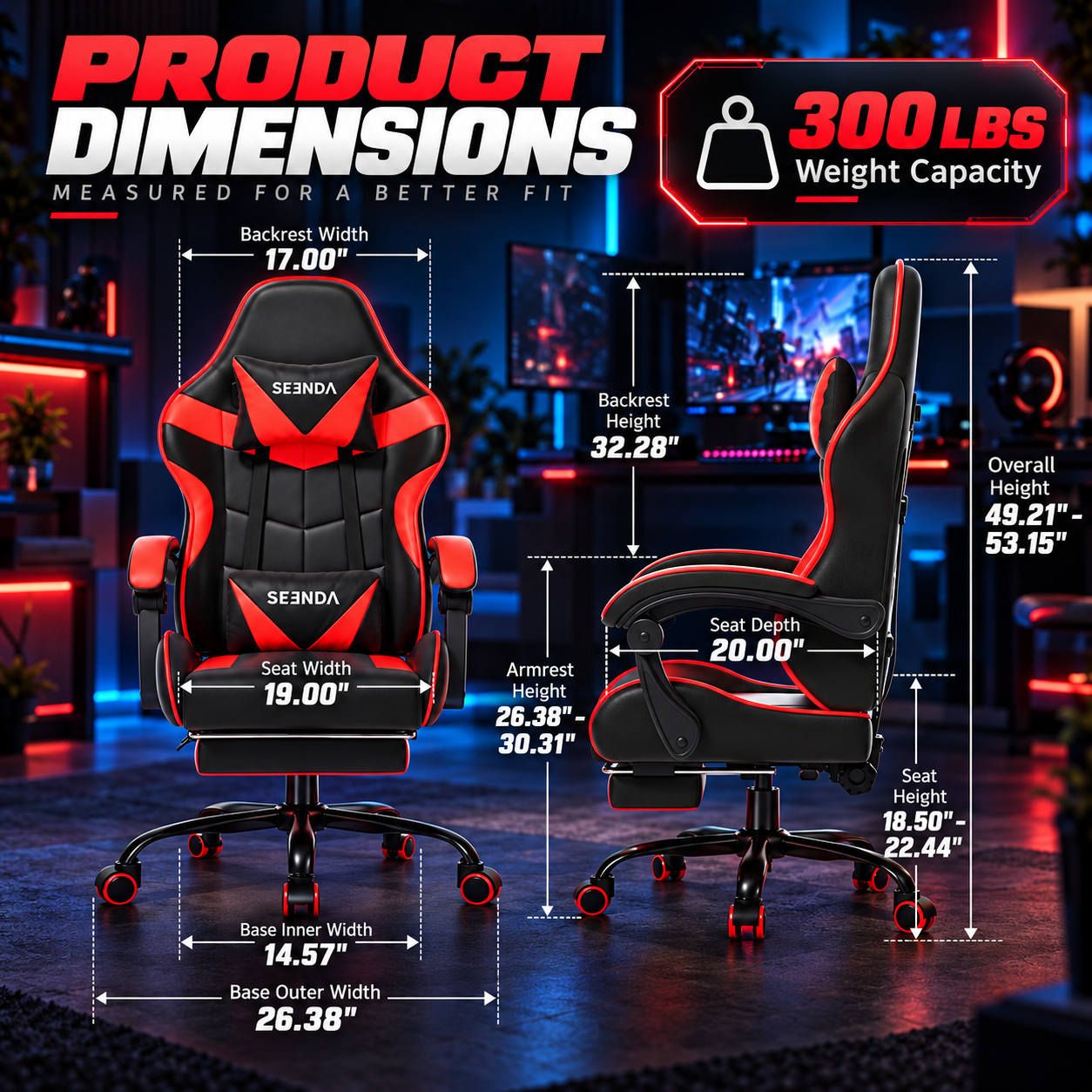 Seenda Gaming Chair with Footrest and Lumbar Support, Red photo 7