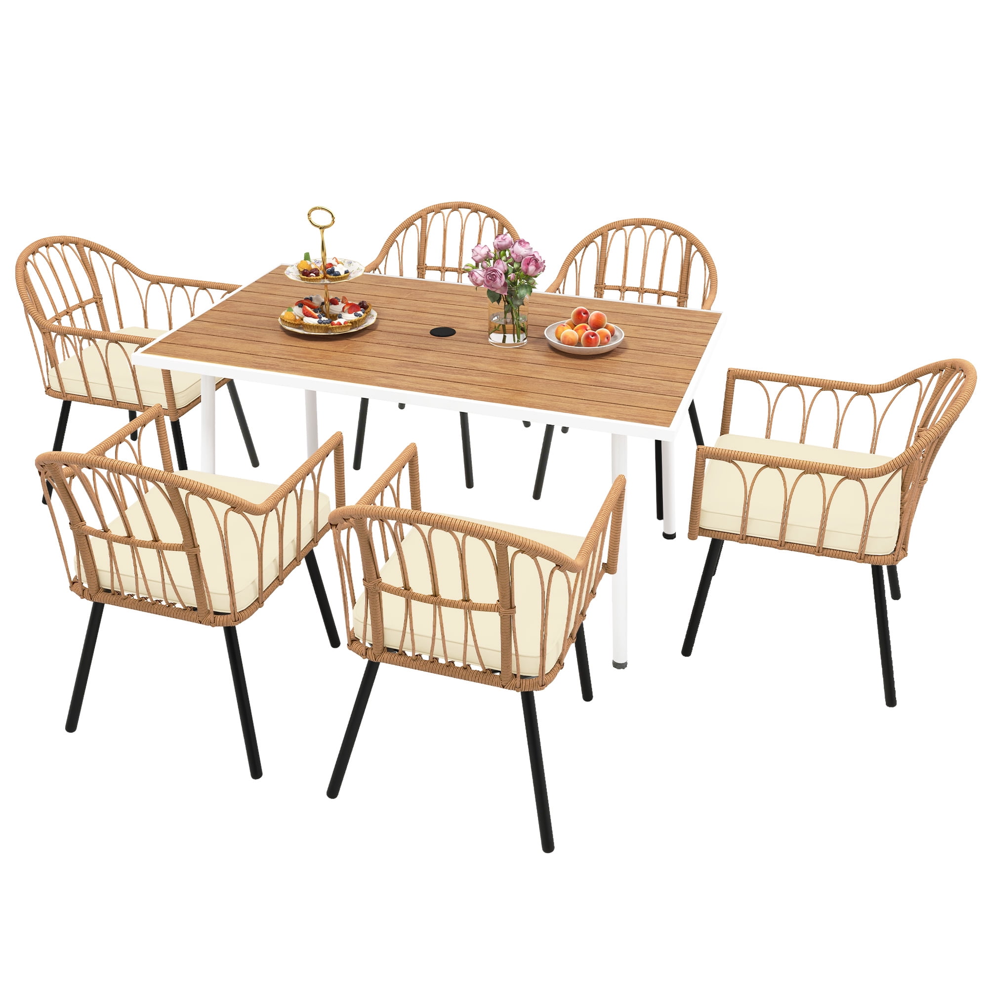 Uforic 7 Pieces Outdoor Patio Dining Table Set, 6 Rattan Wicker Dining Chair and Rectangular Dining Table with Umbrella Hole for Garden, Lawn,Patios, Backyard