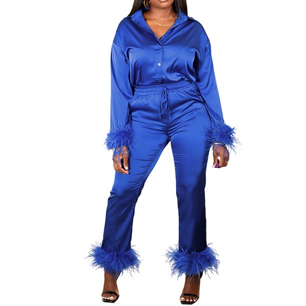 Lucakuins, conjunto de pantalones de otoño para mujer, puños de felpa de Color sólido, camisa de manga larga con botones y conjunto de pantalones informales con cordón Lucakuins moda