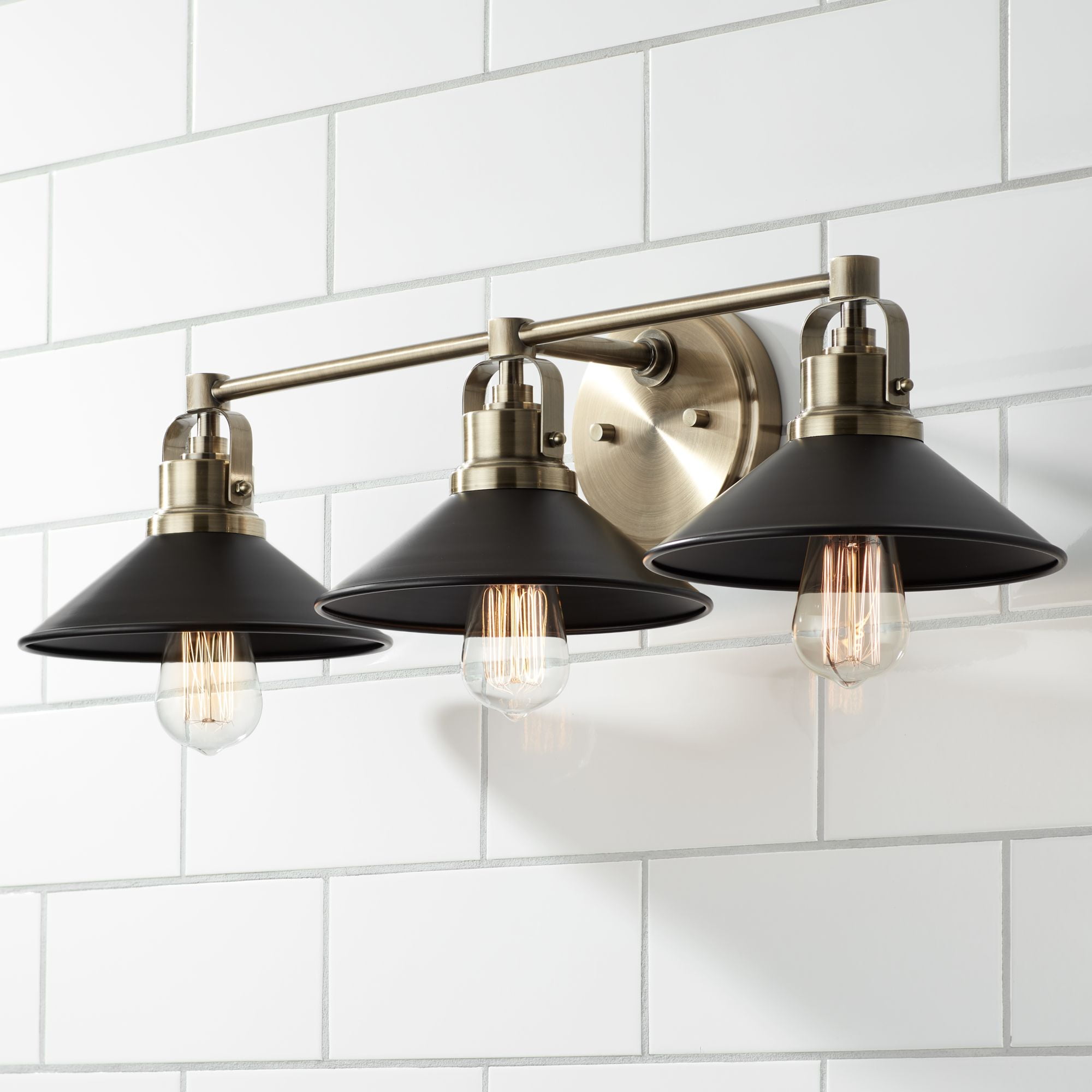 Possini Euro Design Industrial Wall Light Antique Brass Hardwired 27 Wide 3 Light Fixture Black Shade For Bathroom Vanity Mirror Walmartcom Walmartcom