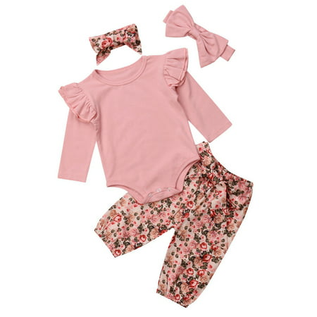 3PCS Set Newborn Baby Kids Girl Clothes Romper Shirt Tops + Floral Pants Outfits 70