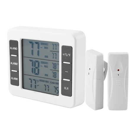 Refrigerator Thermometer, Wireless Digital Freezer Thermometer with 2 Wireless Sensors, Audible Alarm, Min/Max Record, LCD Display for Home, Restaurants, Bars, Cafes (Battery not