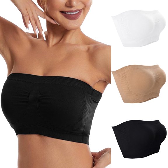 Mrat Push up Sports Bras for Women 3pc Strapless Bandeau Bra for Women, Seamless Bralettes Stretchy Padded Tube Tops Bra with Clear Strap S-412 Beige S