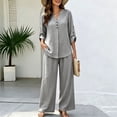 thumbnail image 6 of Cagogo Women Plus Size 2 Piece Set V Neck Long Sleeve Shirt Wide Leg Pants Casual Loose Outfits Solid Basic Matching Lounge Tracksuits Comfy Travel Airport Clothes, Gray S, 6 of 7