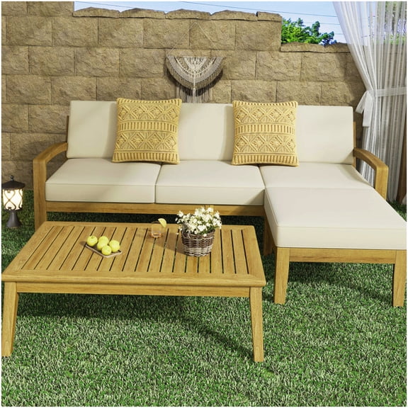 L-Shaped Acacia Wood Patio Sectional Sofa Set with Teak Finish and Beige Cushions